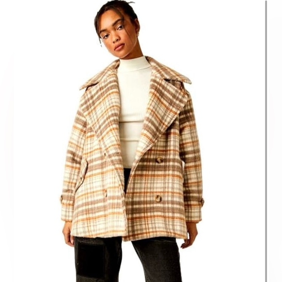NEW! Free People Women's Highlands Wool Peacoat, in Brown and Cream. Size L - Picture 6 of 6